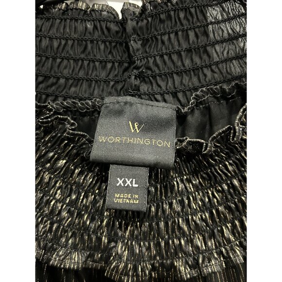 Worthington Metallic Black Gold Shimmer Blouse Smocked Collar Cuffs Sz XXL - Picture 6 of 9